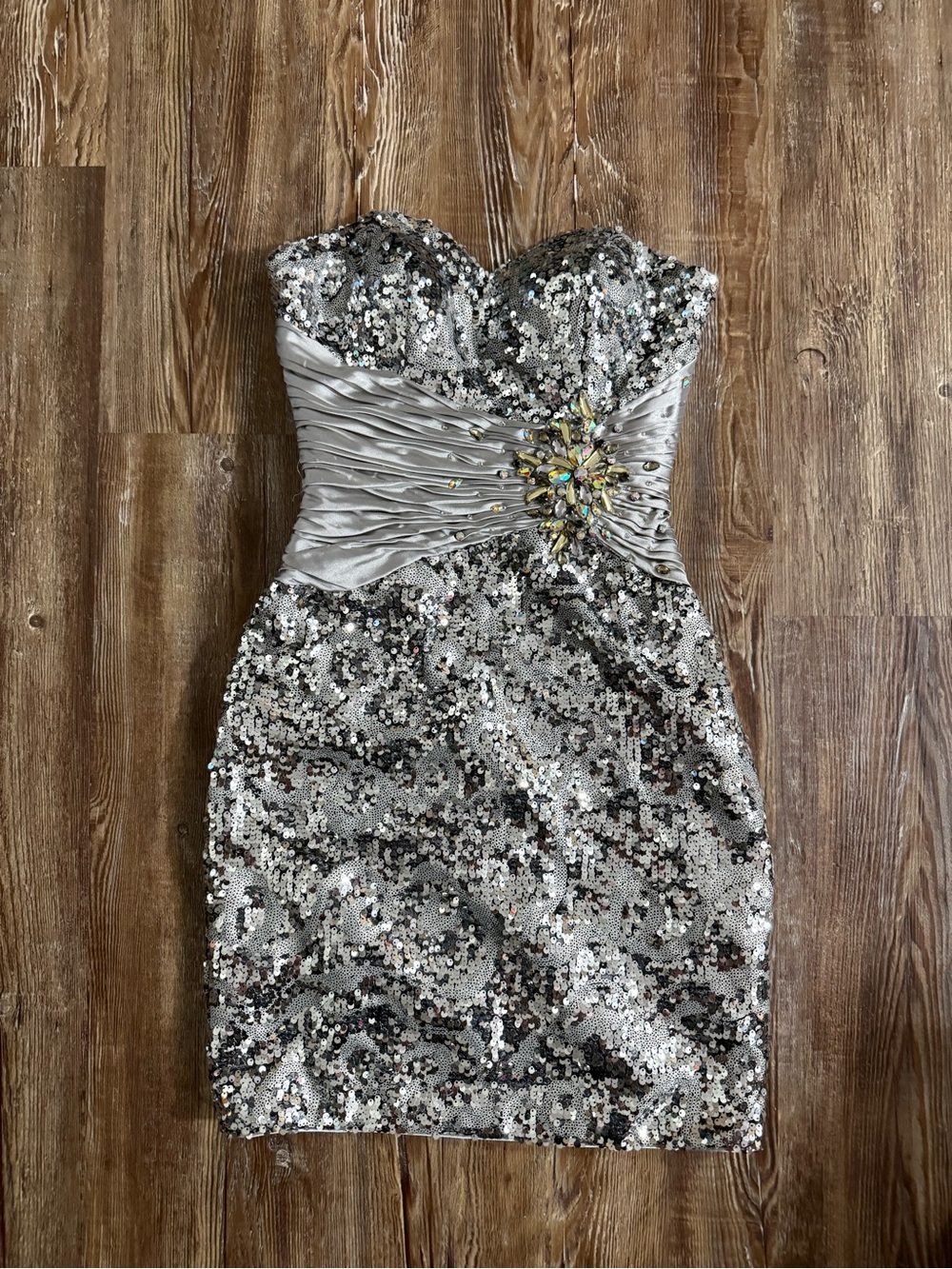 Strapless Silver Sequin Cocktail Dress with Embellished Waist